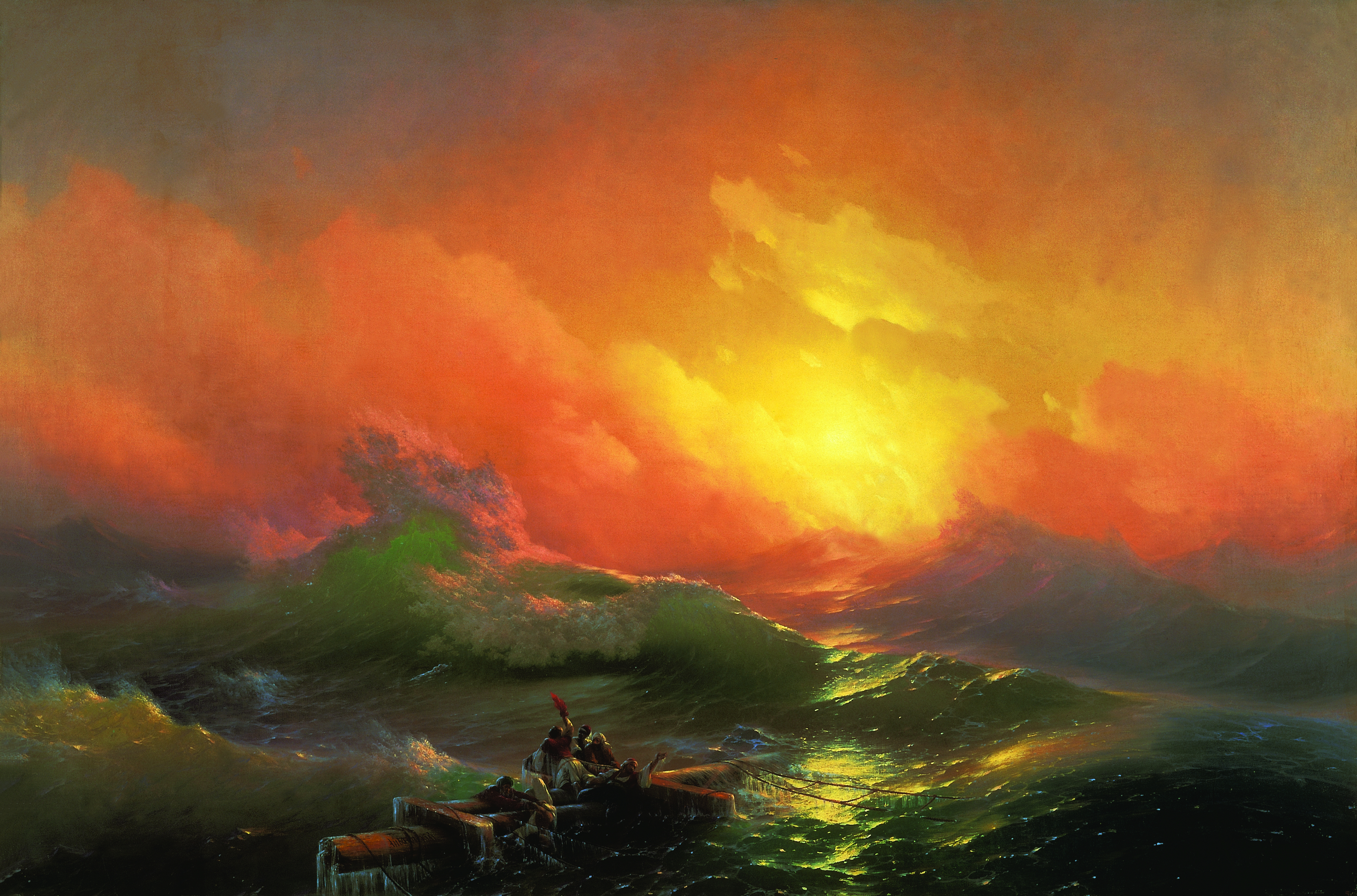 Survivors of a shipwreck cling to a cross-shaped piece of mast as a colossal aquamarine wave rises behind them, lit by warm dawn light breaking through storm clouds.